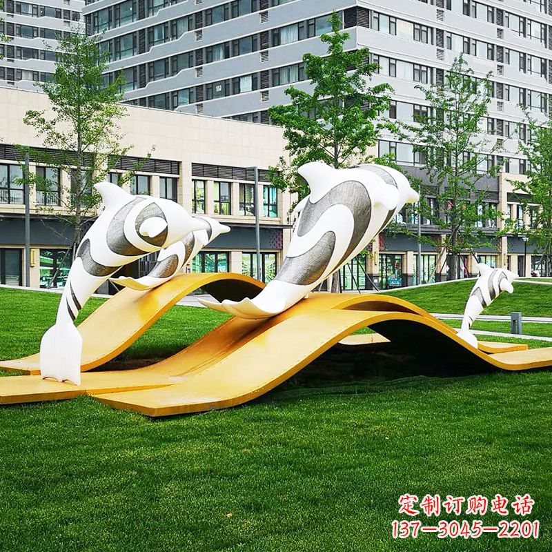 东营玻璃钢海豚景观雕塑-城市园林创意动物景观雕塑