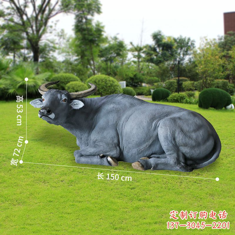 东营玻璃钢卧姿水牛仿真动物雕塑