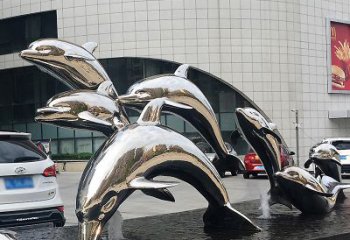 东营海豚雕塑点亮城市商场的不锈钢镜面水景