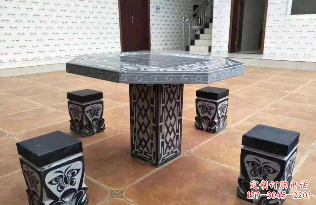 东营多边形雕刻仿古石桌凳