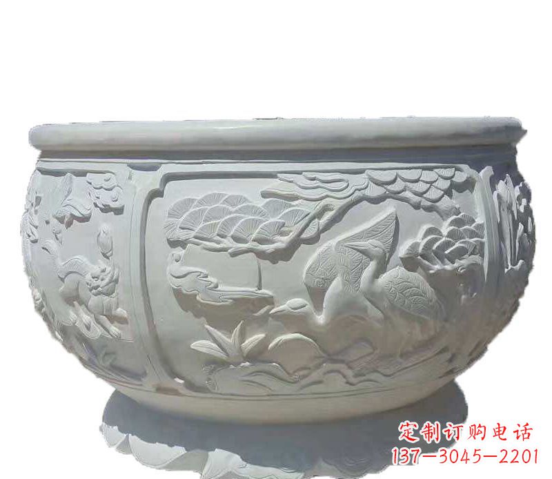 东营仿古鱼缸石雕花盆摆件
