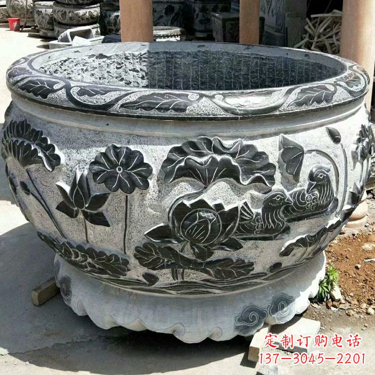 东营极致精细仿古圆形鱼缸石雕
