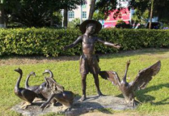 东营铜雕塑——小男孩放鸭子