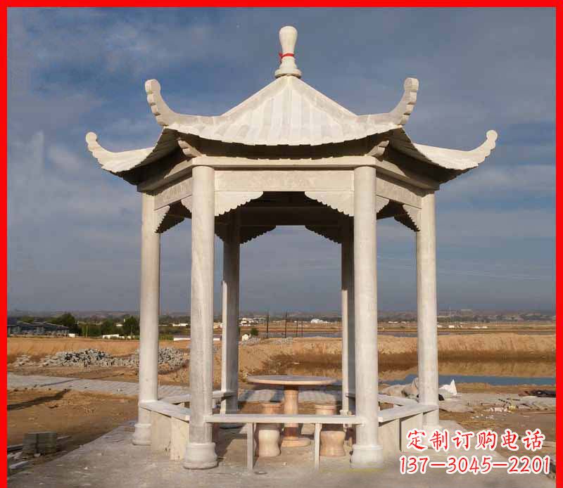 东营公园大理石六角石雕凉亭 (2)