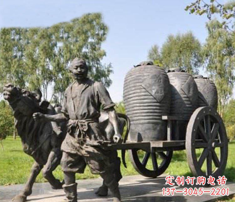 东营公园驾着牛车拉酒缸的古代人物小品铜雕