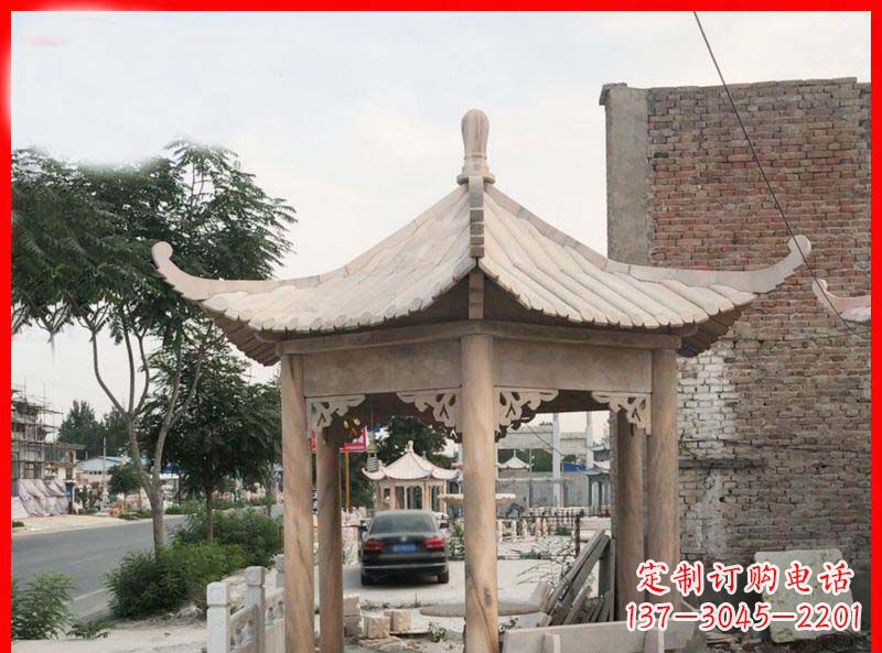 东营公园晚霞红六角石凉亭雕塑