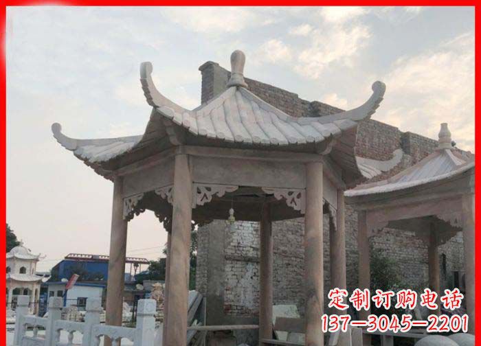 东营公园晚霞红六角石雕凉亭