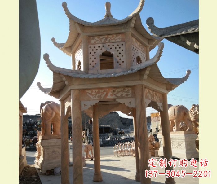 东营公园晚霞红六角双层中式石雕凉亭