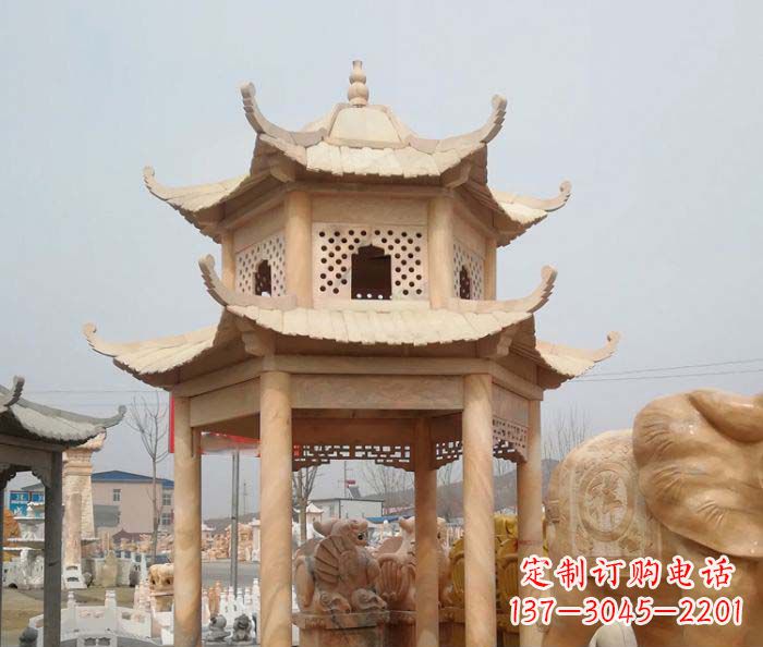 东营公园晚霞红双层六角石雕凉亭 (2)