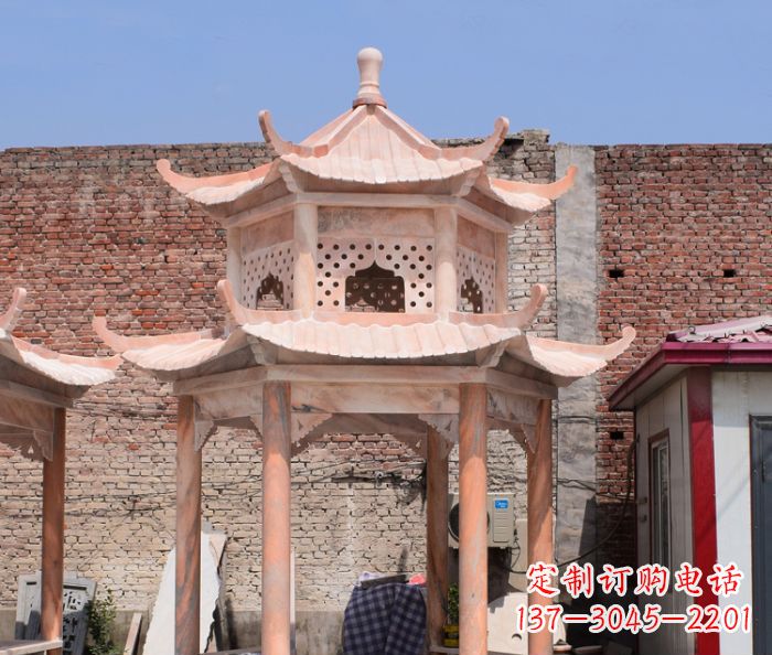 东营公园晚霞红中式六角双层石雕凉亭