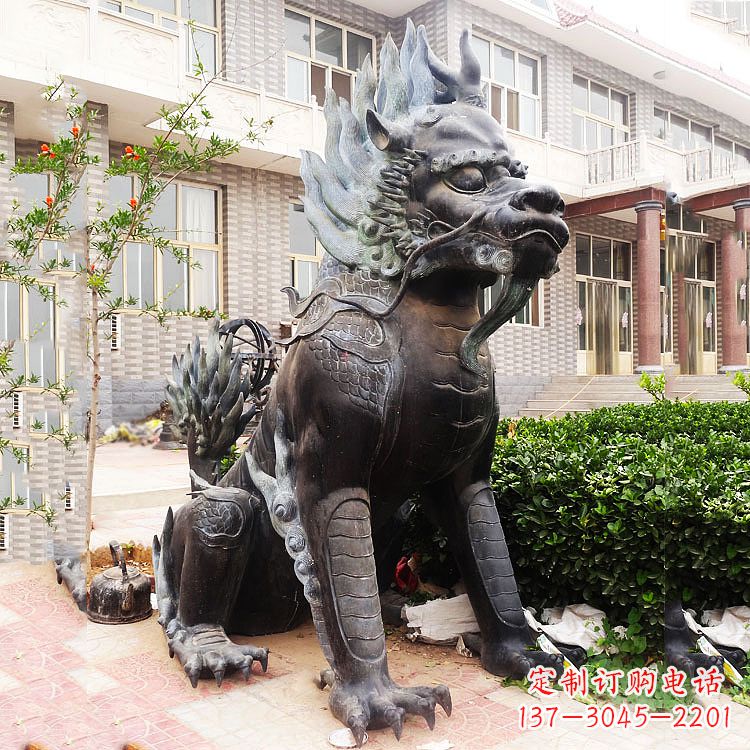 东营古铜色镇宅铜麒麟雕塑,精美绝伦!