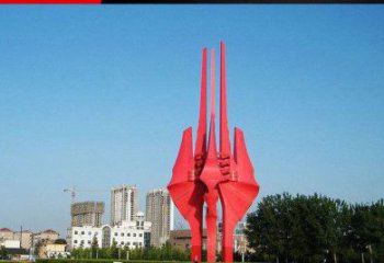 东营广场红色不锈钢树叶雕塑