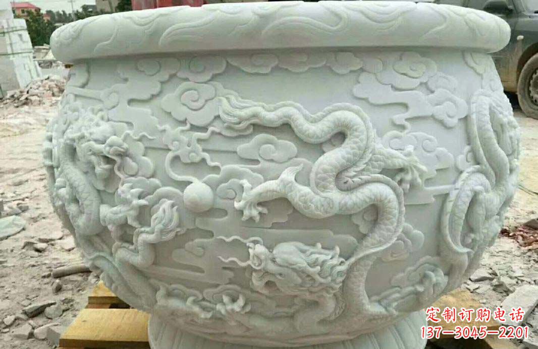 东营汉白玉龙浮雕水缸雕塑