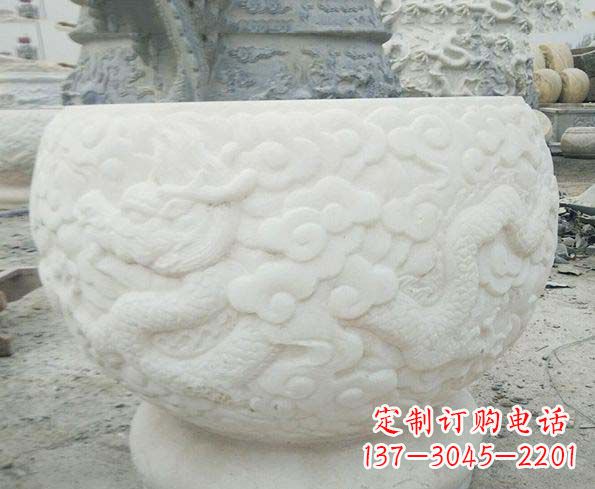 东营汉白玉龙浮雕招财石水缸