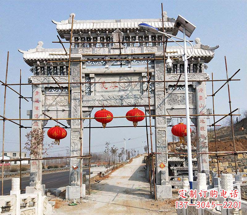 东营传统工艺精致三门牌坊石雕