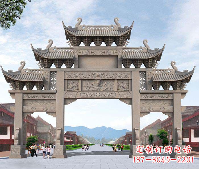 东营景区三门石雕牌楼——精美雕塑定制