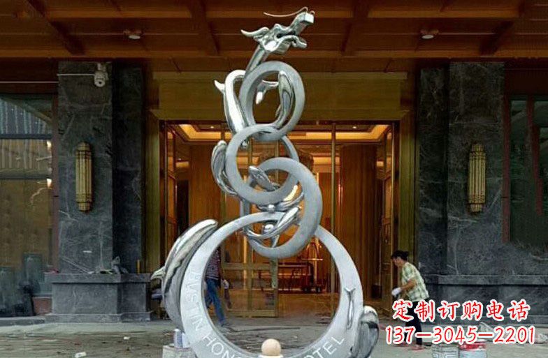 东营酒店不锈钢抽象鱼跃龙门雕塑