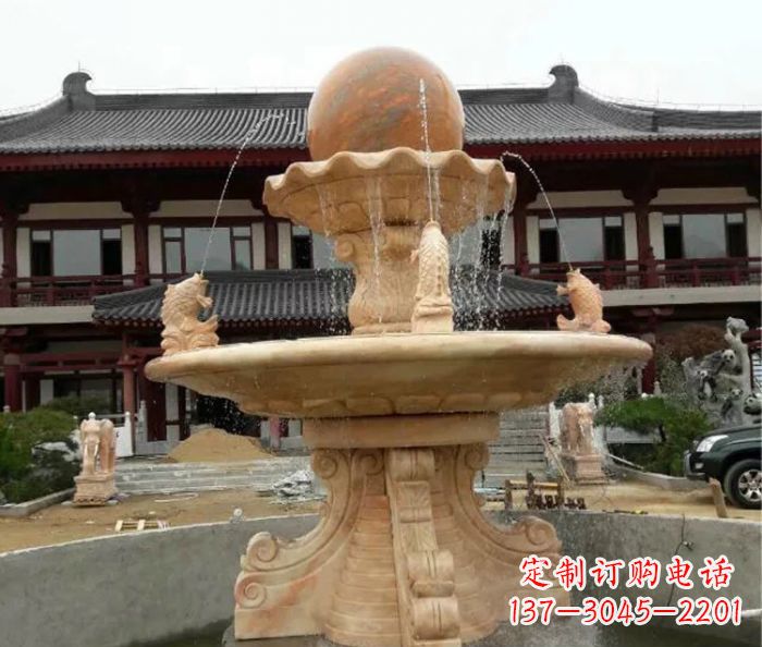 东营双层风水球喷泉晚霞红石雕
