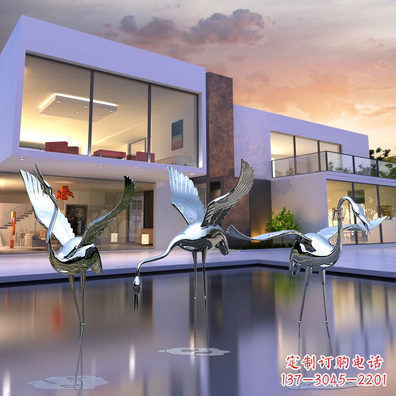 东营水景仙鹤不锈钢镜面雕塑