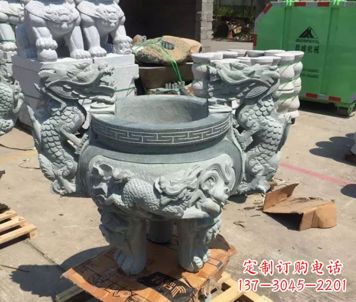 东营寺庙景观青石龙头香炉石雕 (2)
