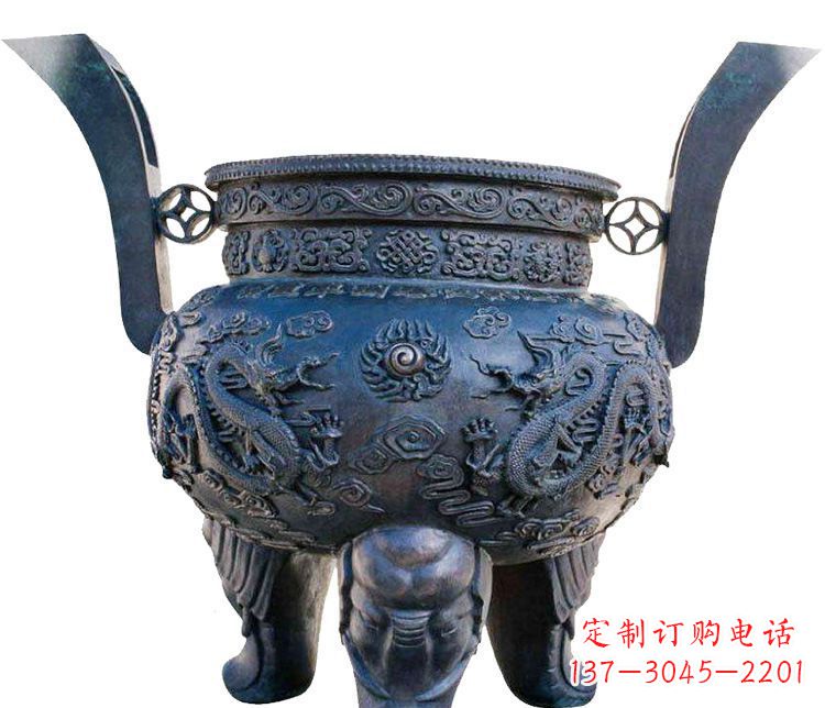 东营寺庙圆形三足鼎铜雕香炉