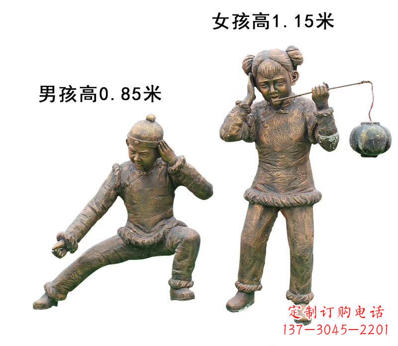 东营铜雕放鞭炮的儿童童趣雕塑