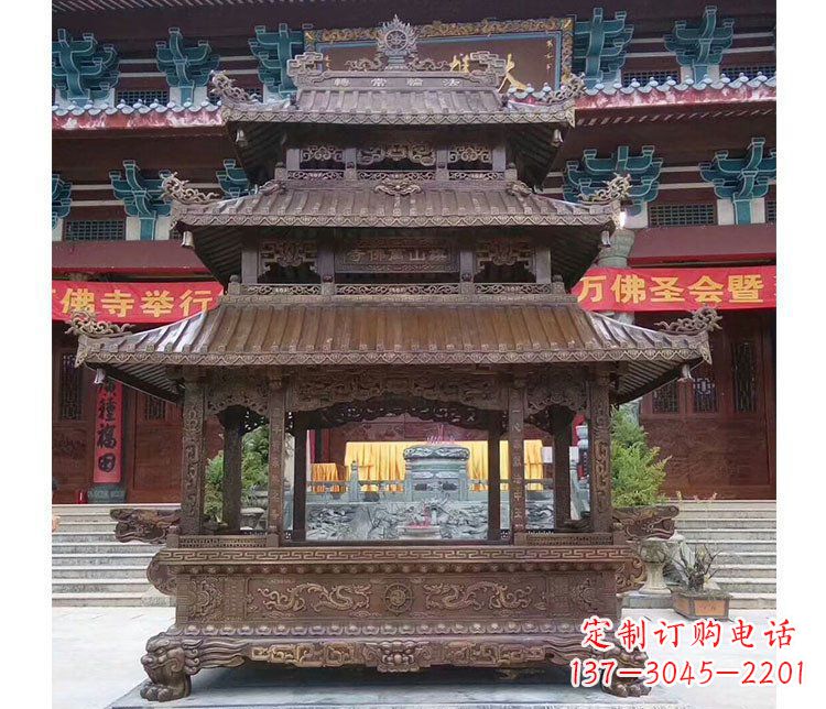 东营铜雕寺庙佛光普照香炉雕塑摆件 (2)