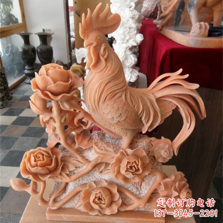 东营晚霞红石雕公鸡雕塑