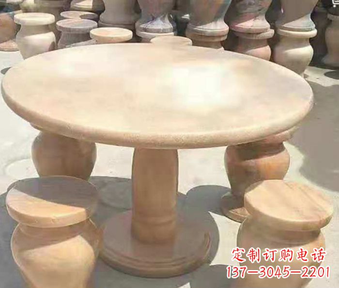东营晚霞红圆形石桌凳 (2)