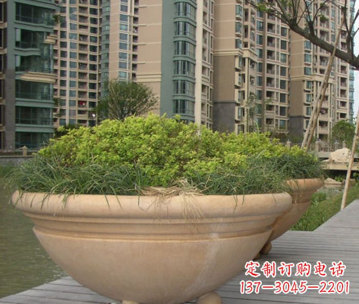 东营小区景观晚霞红花盆石雕