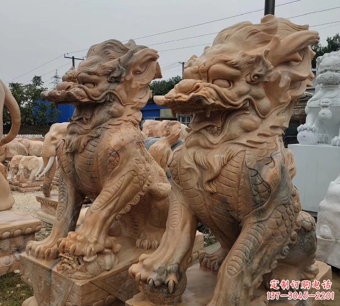 东营园林晚霞红古代招财神兽麒麟石雕