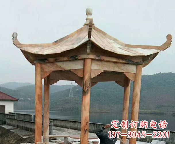 东营园林晚霞红单层石凉亭景观石雕