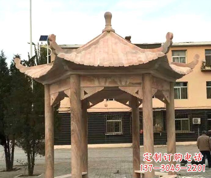 东营园林晚霞红六角石雕凉亭
