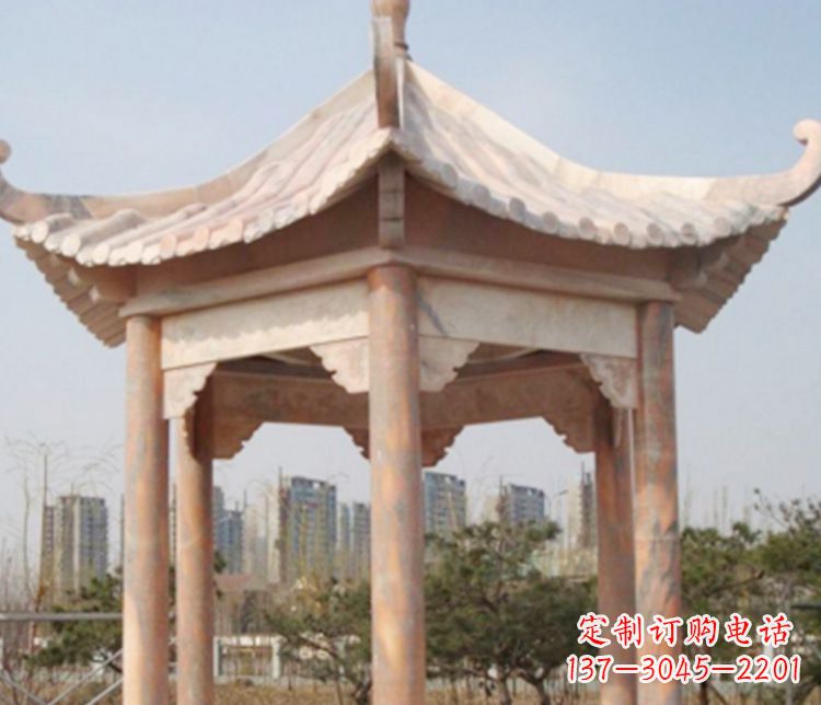 东营园林晚霞红六角石凉亭景观石雕