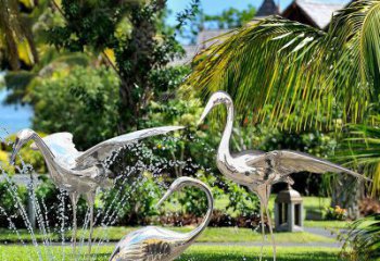 东营鹤雕塑-公园池塘不锈钢镜面抽象喷泉中的鹤雕塑